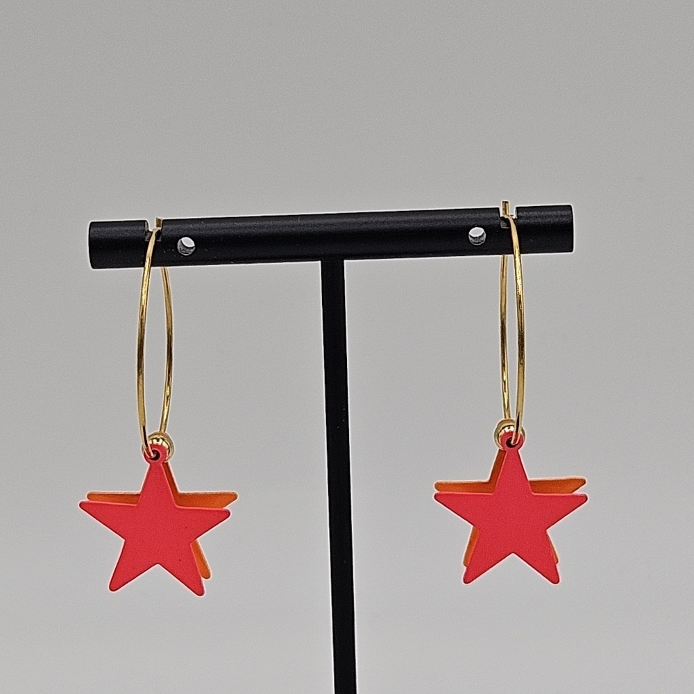 gold tone hoop earrings with neon pink and orange stars - Picture 2 of 4